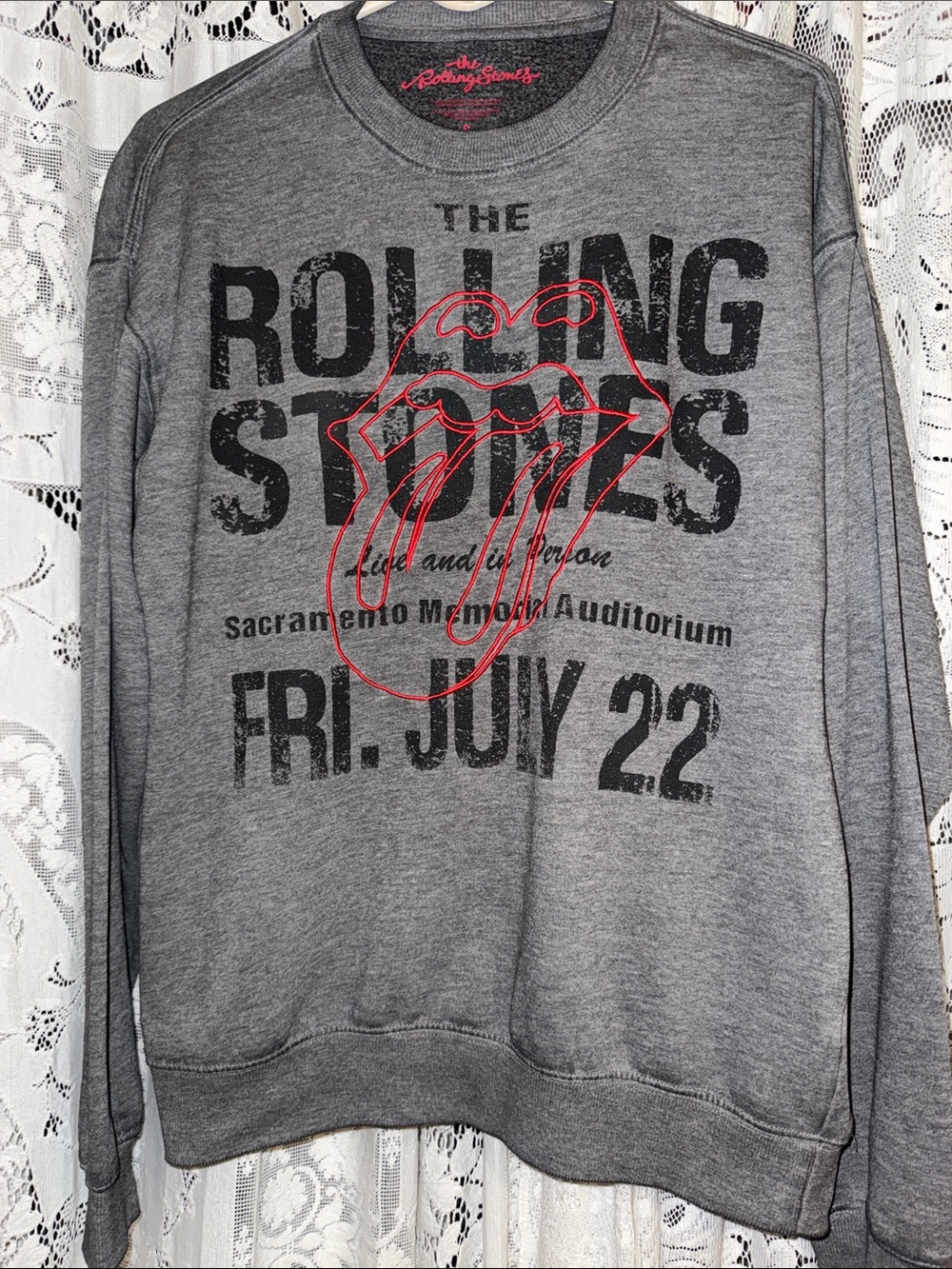 The Rolling Stones Gray Crewneck Sweatshirt with Red Tongue Logo